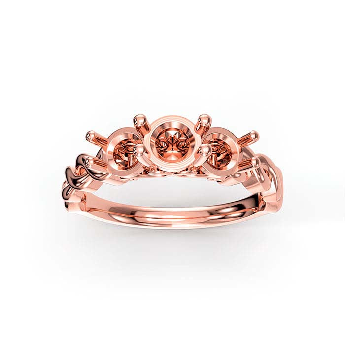 14K Rose Gold Round Three Stone Ring Mounting