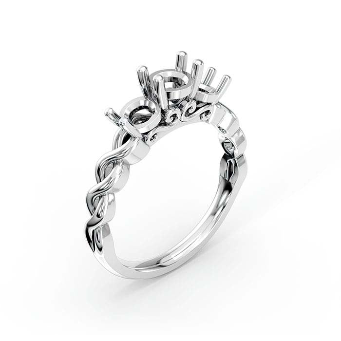 14K White Gold Round Three Stone Ring Mounting