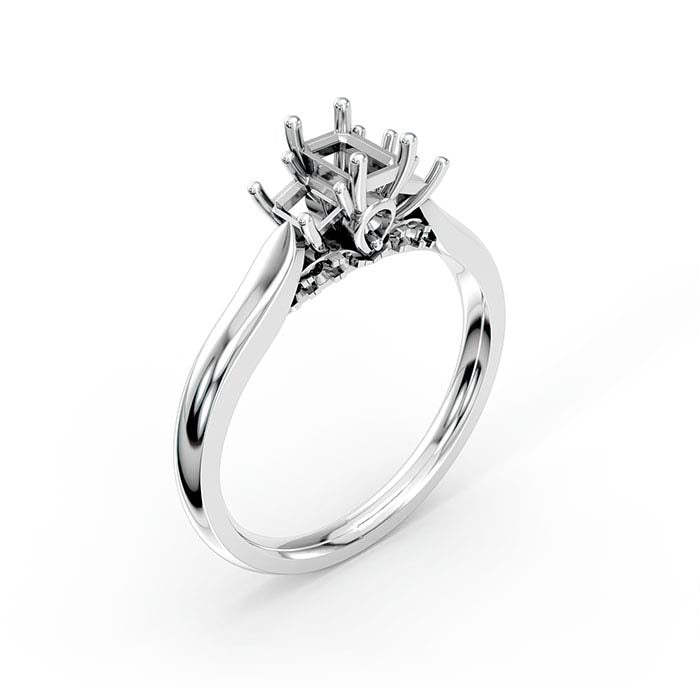 14K White Gold Emerald-Cut & Round Multi Stone Ring Mounting