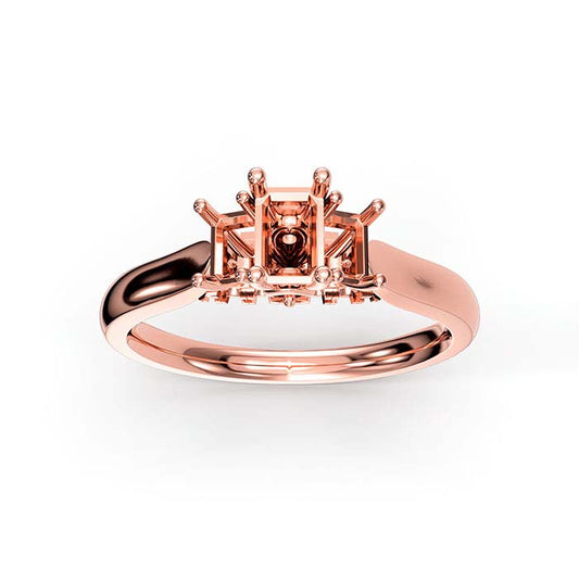 18K Rose Gold Emerald-Cut & Round Multi Stone Ring Mounting