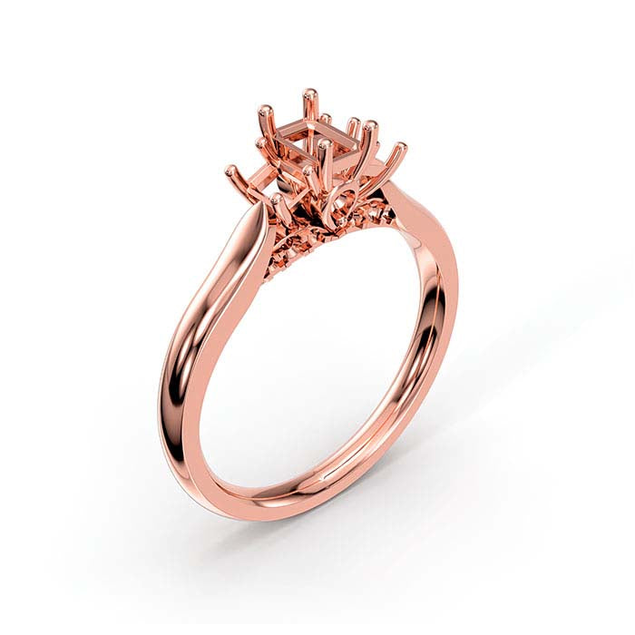 18K Rose Gold Emerald-Cut & Round Multi Stone Ring Mounting