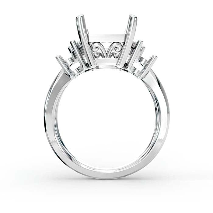14K White Gold Emerald-Cut & Round Stone Ring Mounting
