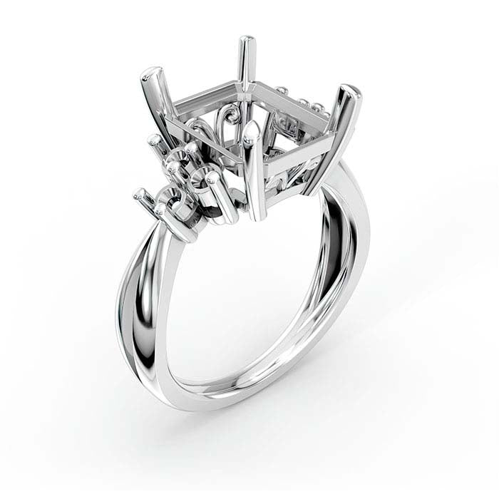 14K White Gold Emerald-Cut & Round Stone Ring Mounting