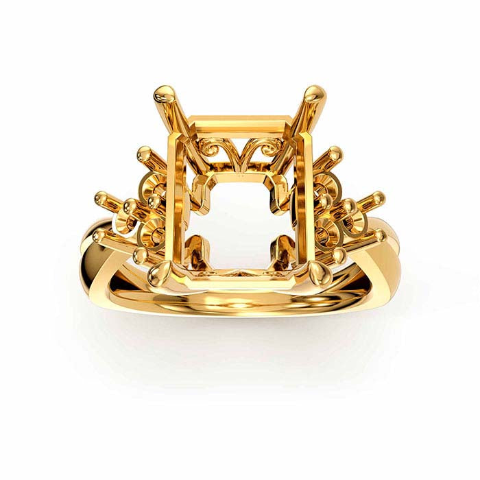 14K Yellow Gold Emerald-Cut & Round Stone Ring Mounting