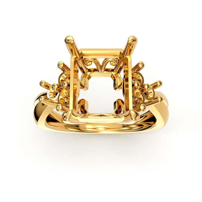 14K Yellow Gold Emerald-Cut & Round Stone Ring Mounting