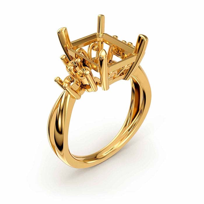 14K Yellow Gold Emerald-Cut & Round Stone Ring Mounting