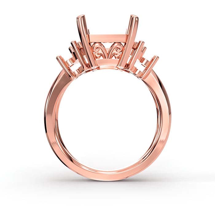 18K Rose Gold Emerald-Cut & Round Stone Ring Mounting