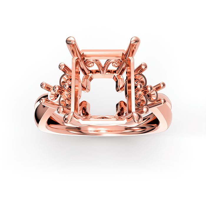 18K Rose Gold Emerald-Cut & Round Stone Ring Mounting