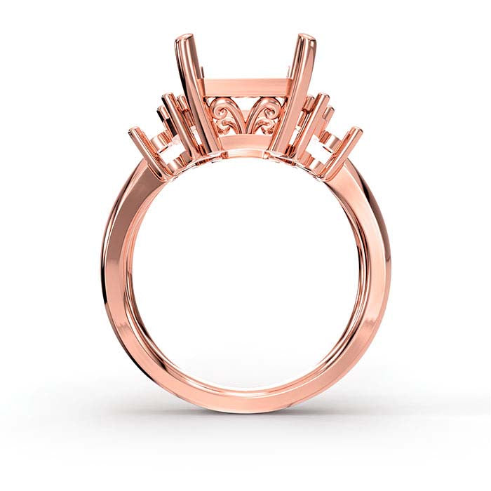 18K Rose Gold Emerald-Cut & Round Stone Ring Mounting