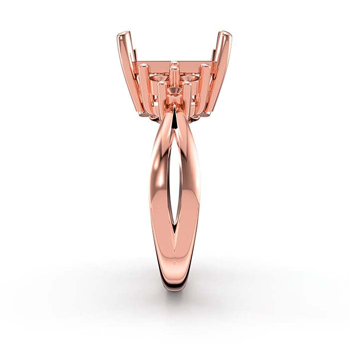 18K Rose Gold Emerald-Cut & Round Stone Ring Mounting