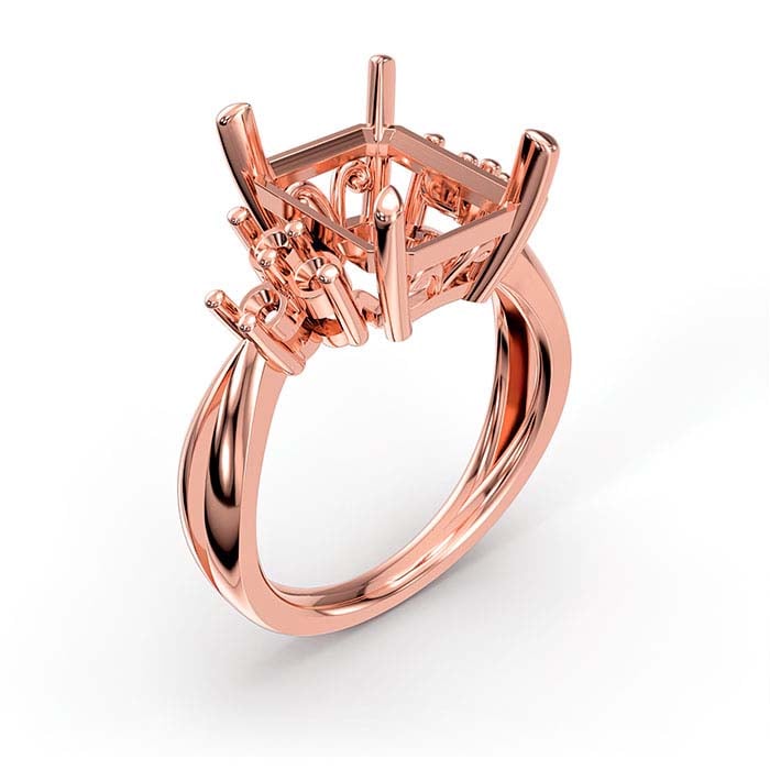 18K Rose Gold Emerald-Cut & Round Stone Ring Mounting