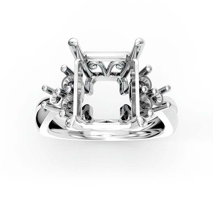 18K White Gold Emerald-Cut & Round Stone Ring Mounting
