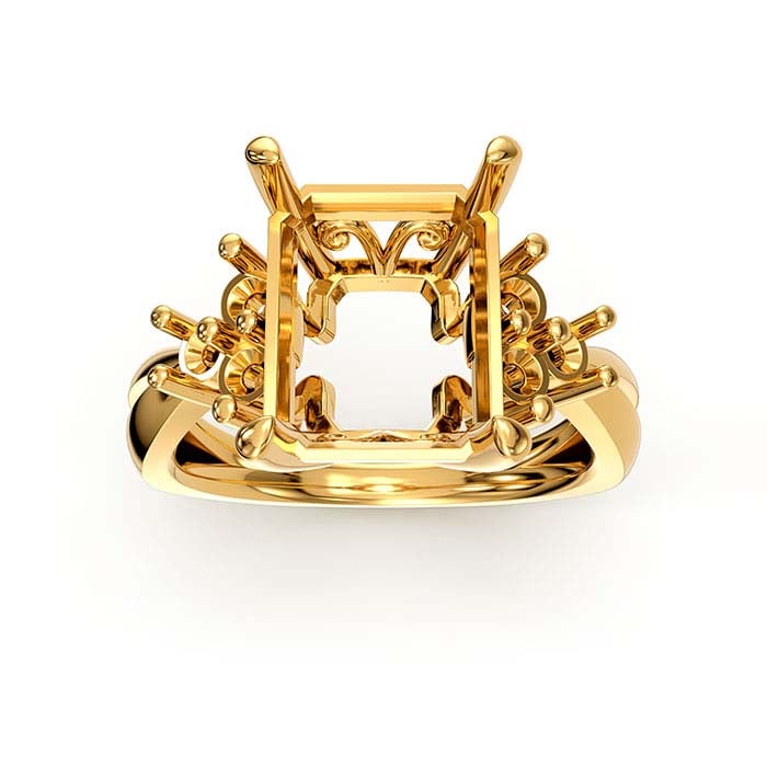18K Yellow Gold Emerald-Cut & Round Stone Ring Mounting
