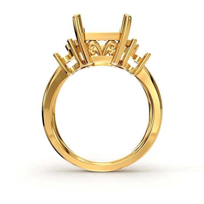 18K Yellow Gold Emerald-Cut & Round Stone Ring Mounting