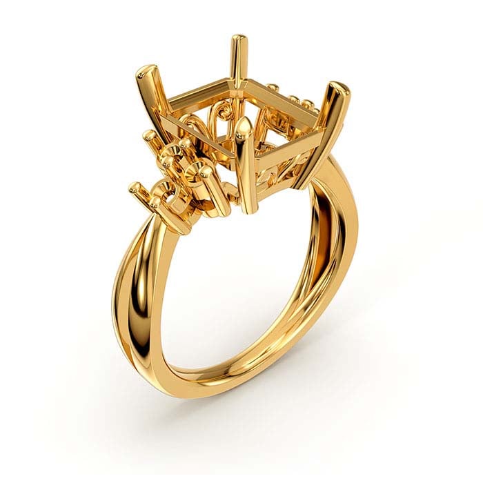 18K Yellow Gold Emerald-Cut & Round Stone Ring Mounting