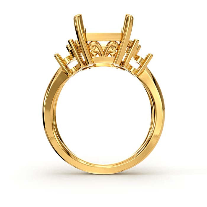18K Yellow Gold Emerald-Cut & Round Stone Ring Mounting