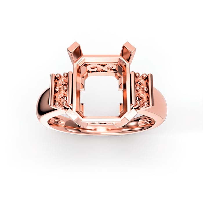 18K Rose Gold Emerald-Cut & Round Stone Ring Mounting