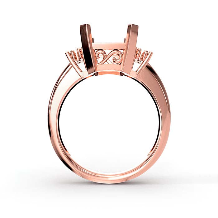 18K Rose Gold Emerald-Cut & Round Stone Ring Mounting