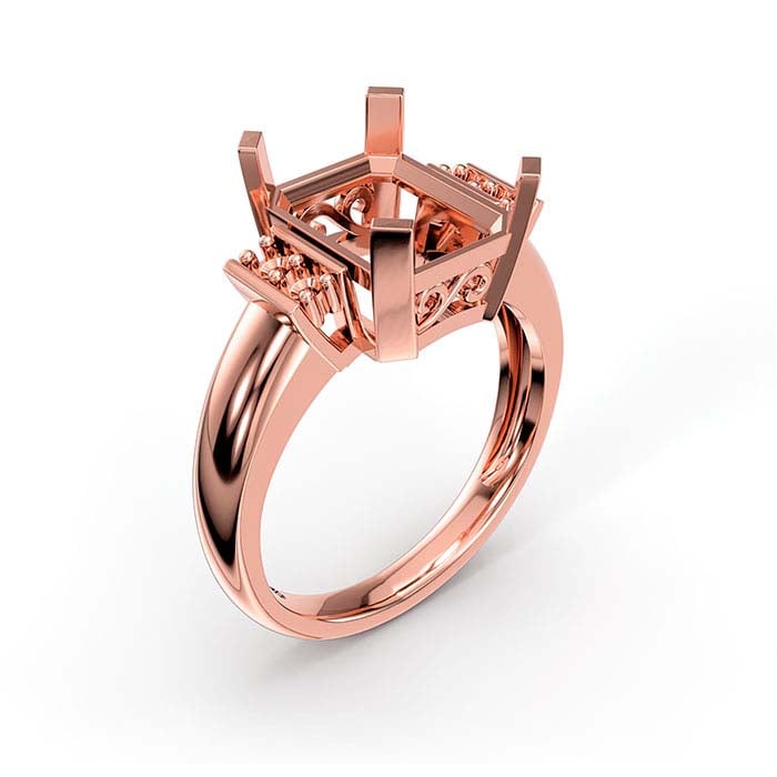 18K Rose Gold Emerald-Cut & Round Stone Ring Mounting