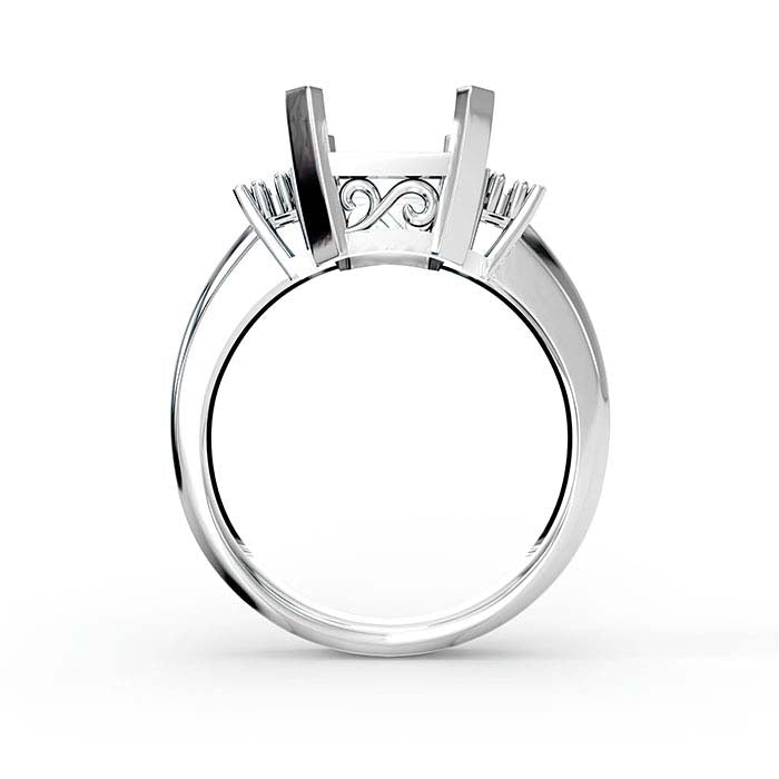 18K White Gold Emerald-Cut & Round Stone Ring Mounting