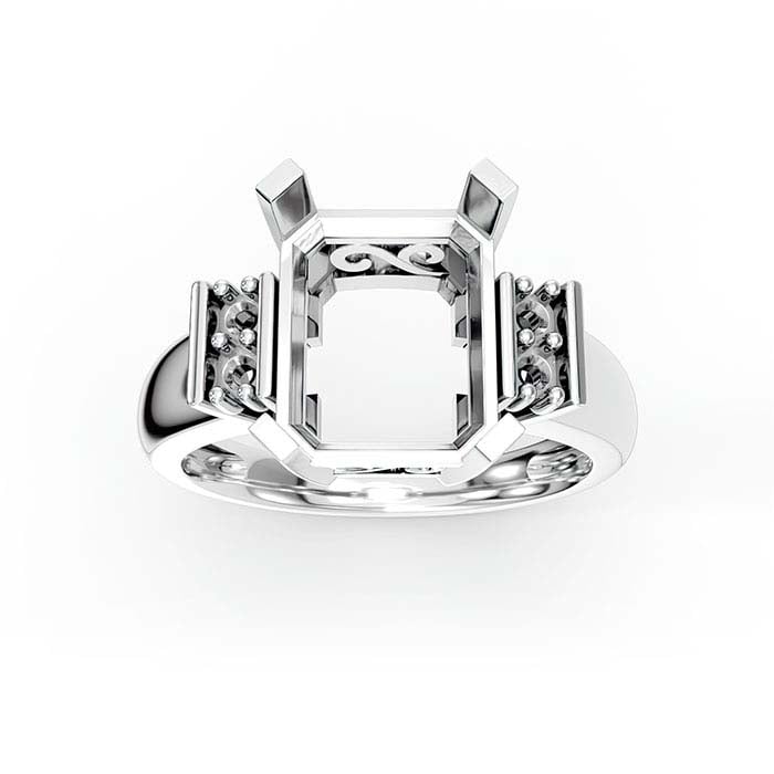 18K White Gold Emerald-Cut & Round Stone Ring Mounting