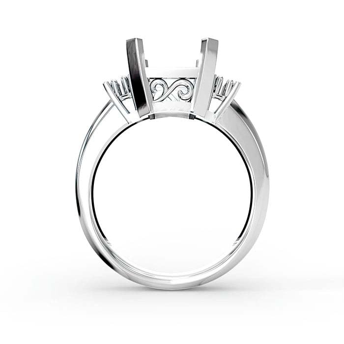 18K White Gold Emerald-Cut & Round Stone Ring Mounting