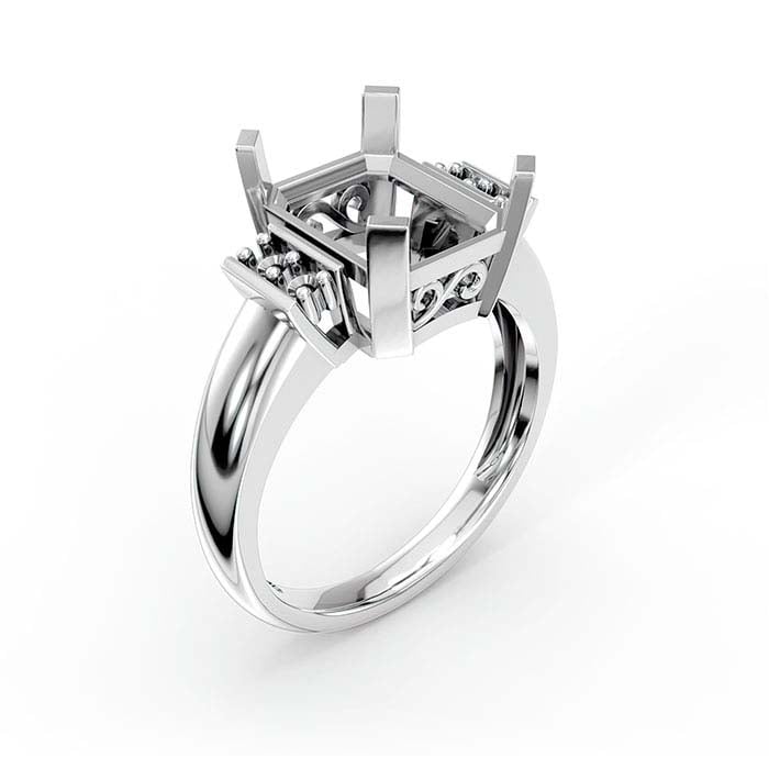 18K White Gold Emerald-Cut & Round Stone Ring Mounting