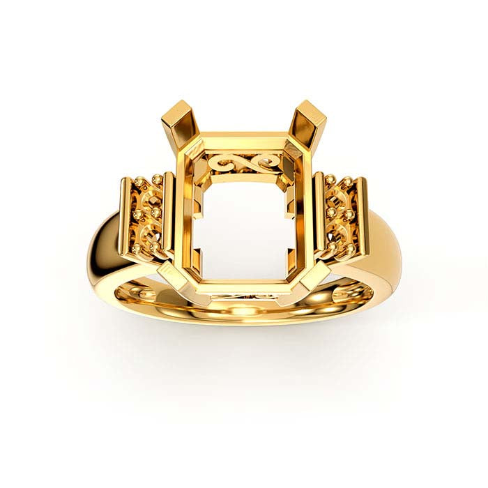 18K Yellow Gold Emerald-Cut & Round Stone Ring Mounting
