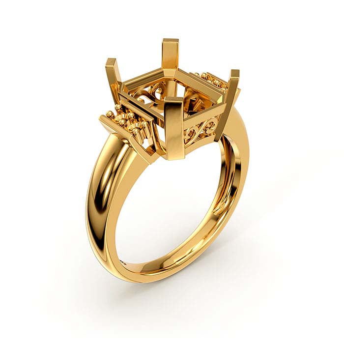 18K Yellow Gold Emerald-Cut & Round Stone Ring Mounting