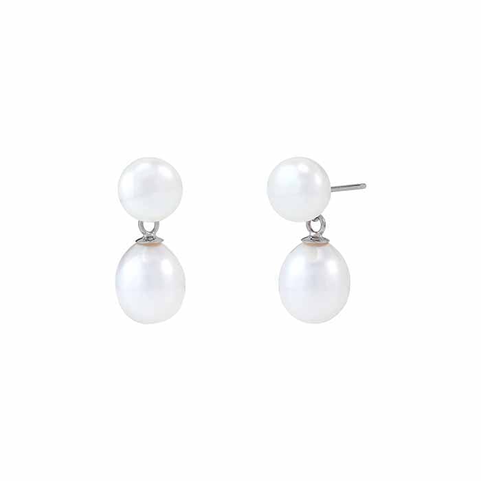 Brincos de Pino com Pérolas de Água Doce Duplas em Ouro Branco 14K