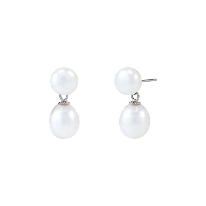 Brincos de Pino com Pérolas de Água Doce Duplas em Ouro Branco 14K