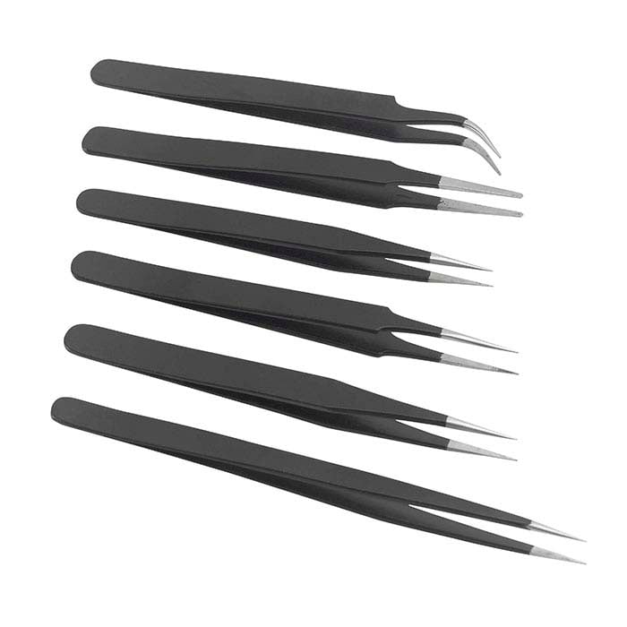 Matte Black Anti-Magnetic Pattern Tweezers, Set of 6