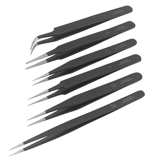 Matte Black Anti-Magnetic Pattern Tweezers, Set of 6