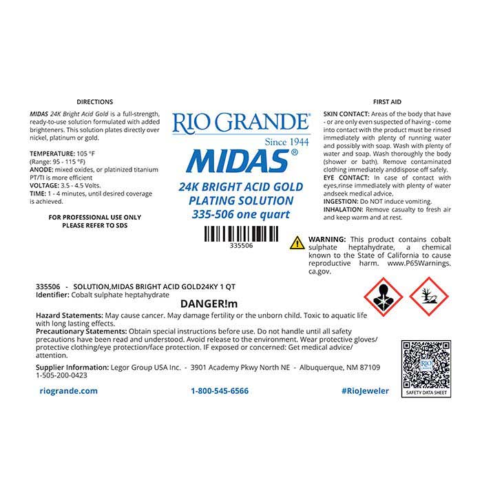 Midas 24K Yellow Bright Gold Plating Solution, Acid-Based