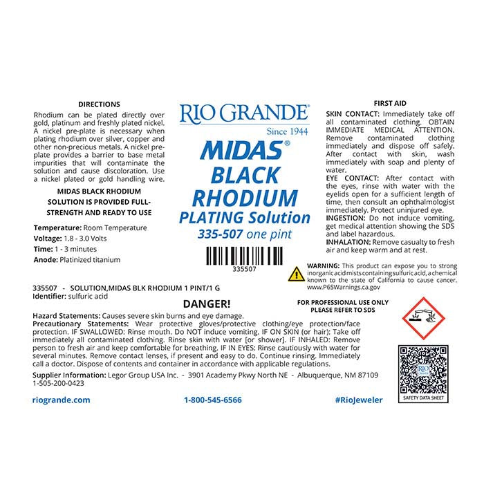 Midas Black Rhodium Plating Solution, Acid-Based