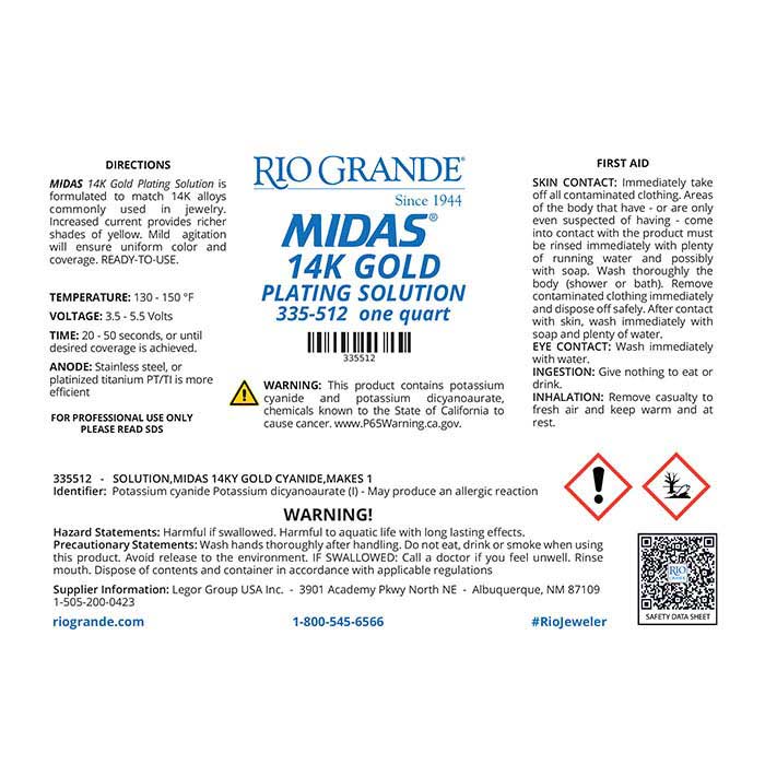 Solution de placage en or jaune 14K Midas, à base de cyanure