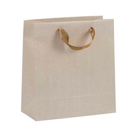 Cream Linen-Textured Paper Tote with Satin Ribbon Handle