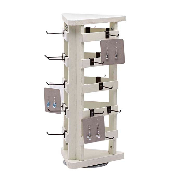 Rustic Cream Distressed Wood Three-Sided Rotating Jewelry Card Display