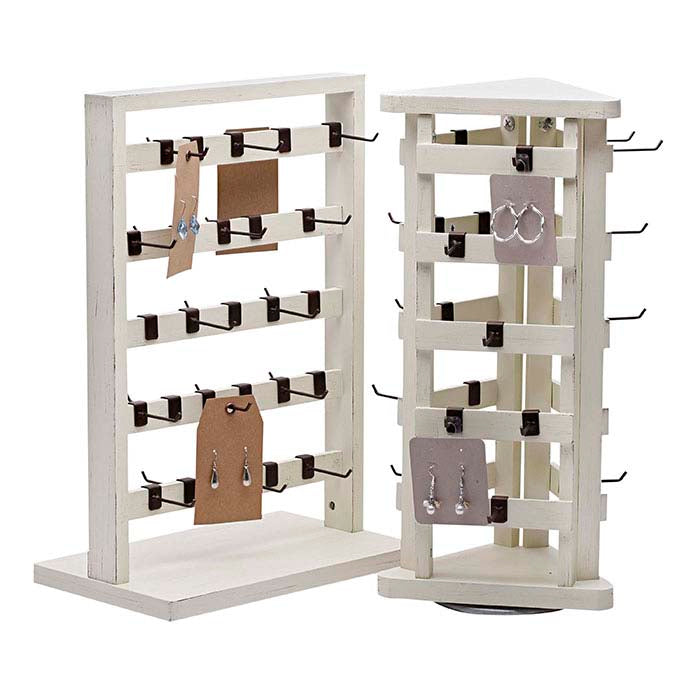 Rustic Cream Distressed Wood Three-Sided Rotating Jewelry Card Display