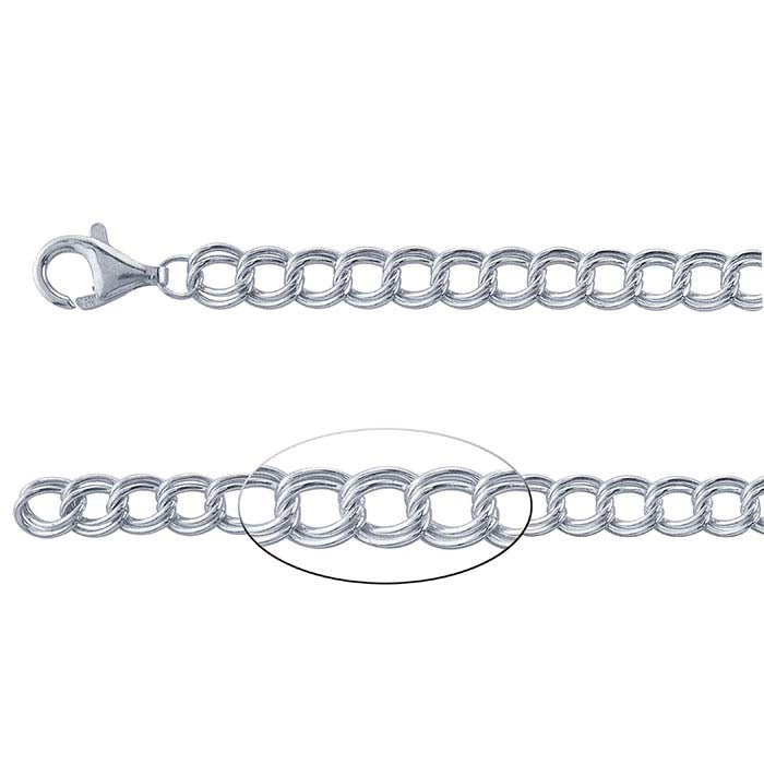 Sterling Silver Round 5.1mm Double-Cable Chain Charm Bracelet