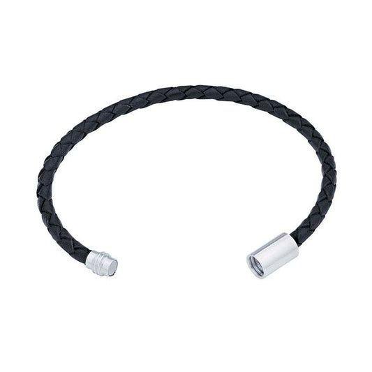 Black Leather Braided Cord Bracelet with Sterling Silver Threaded End Cap