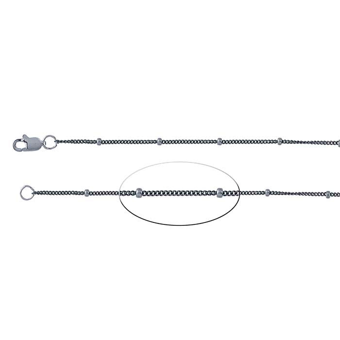 スターリングシルバー ブラックオキサイド加工 1mm カーブチェーン 1.9mm 光沢仕上げラウンドビーズアクセント付き
