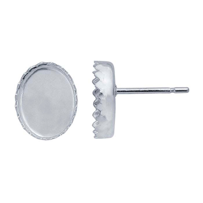 Sterling Silver Oval Serrated Cabochon Post Earring Mounting