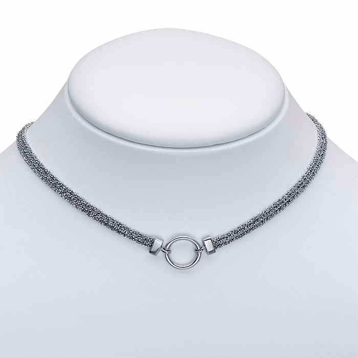 Sterling Silver Rhodium-Plated Choker-Style Necklace with Center Ring Accent
