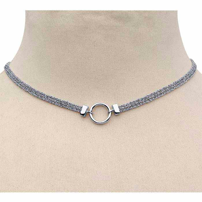 Sterling Silver Rhodium-Plated Choker-Style Necklace with Center Ring Accent