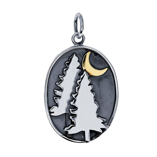 Sterling Silver Crescent Moon & Pine Trees Pendant