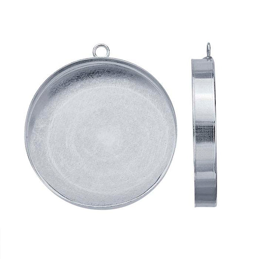 Sterling Silver 30mm Round High-Wall Cabochon Pendant Mounting