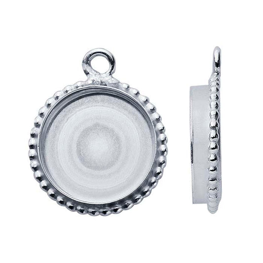 Sterling Silver 10mm Round Beaded-Edge Cabochon Pendant Mounting with Ring