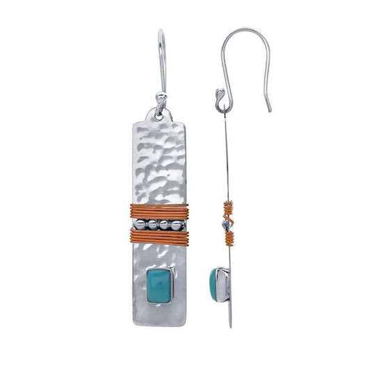 Sterling Silver Hammered Rectangle Earrings with Imitation Turquoise Cabochon