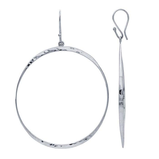 Sterling Silver Long Hammered Circle Earrings